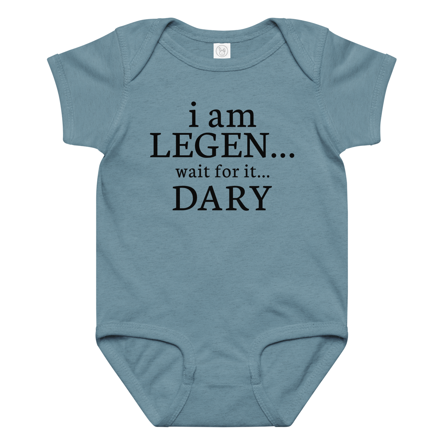 "I Am Legen... Wait For It... Dary" printed on a vintage indigo baby jersey bodysuit laying on a flat surface amongst other clothes