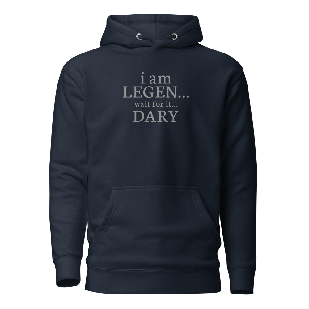 "I Am Legen... Wait For It... Dary" printed on a navy blazer on an invisible / simulated body