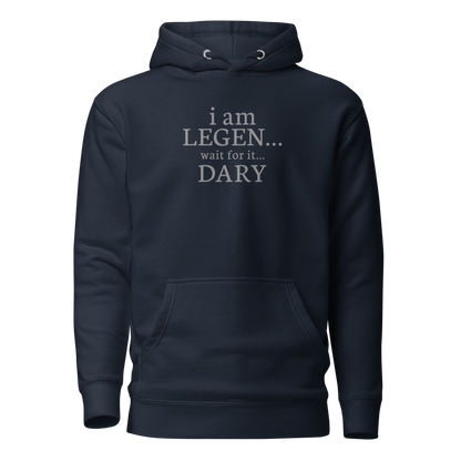 "I Am Legen... Wait For It... Dary" printed on a navy blazer on an invisible / simulated body