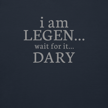 "I Am Legen... Wait For It... Dary" printed on a navy blazer background