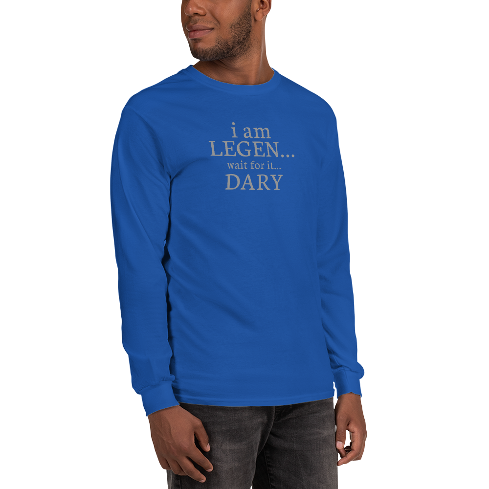 "I Am Legen... Wait For It... Dary" printed on a royal men's long sleeve shirt worn by a male