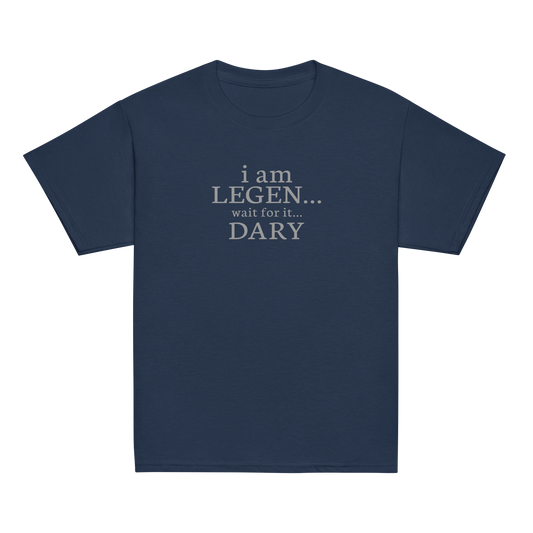 "I Am Legen... Wait For It... Dary" printed on a navy youth classic tee laying on a flat surface