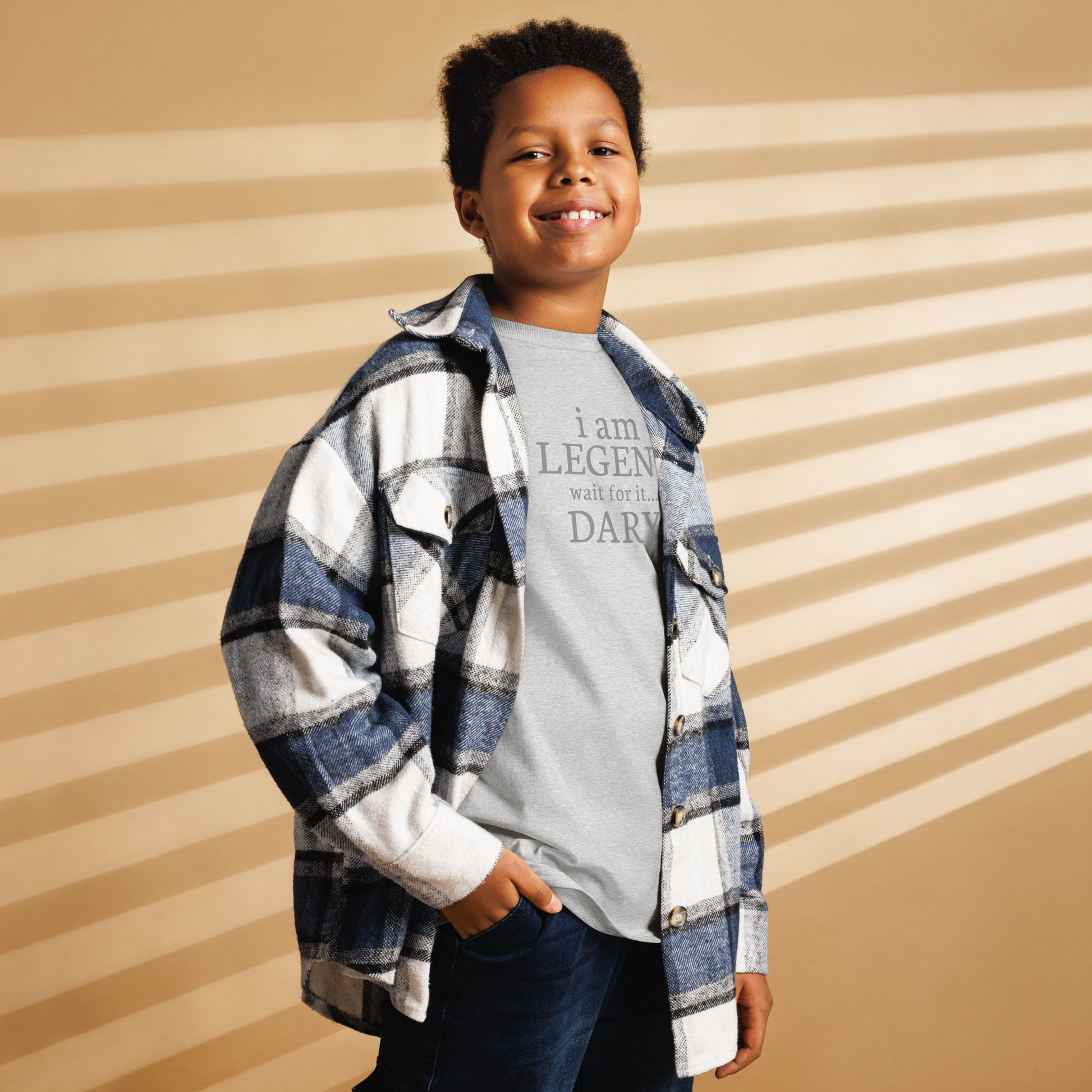 "I Am Legen... Wait For It... Dary" printed on a sport grey youth classic tee worn by a male also wearing a jacket