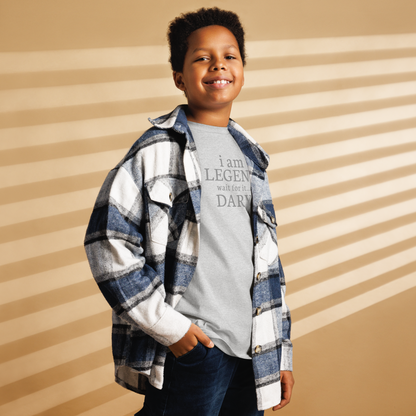 "I Am Legen... Wait For It... Dary" printed on a sport grey youth classic tee worn by a male also wearing a jacket