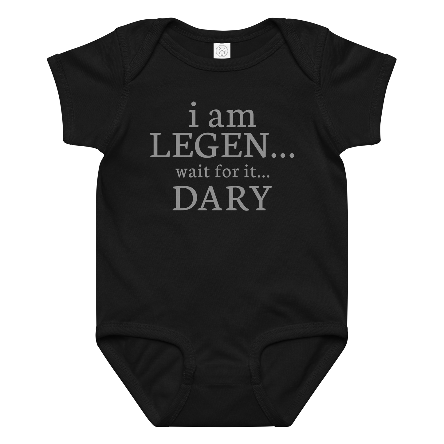 "I Am Legen... Wait For It... Dary" printed on a black baby jersey bodysuit laying on a flat surface amongst other clothes