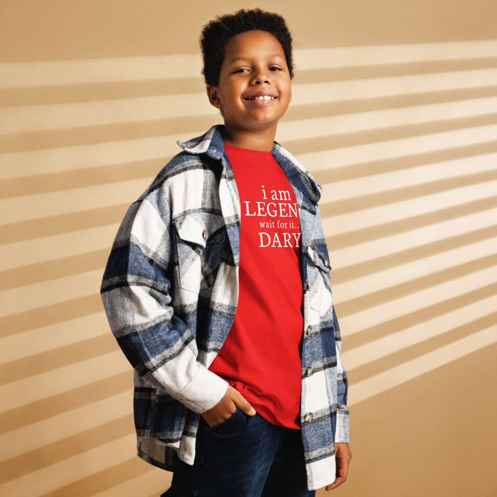 "I Am Legen... Wait For It... Dary" printed on a red youth classic tee worn by a male also wearing a jacket