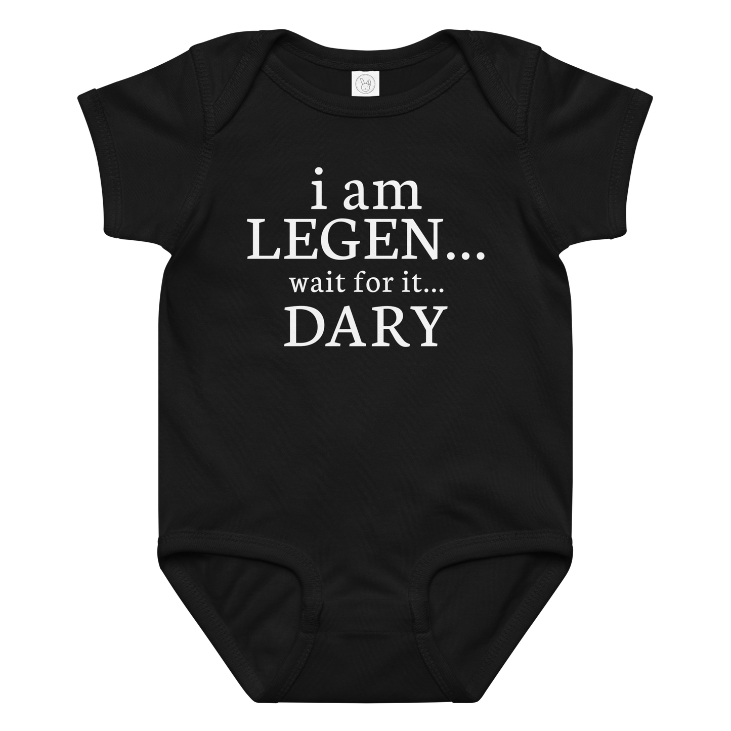 "I Am Legen... Wait For It... Dary" printed on a black baby jersey bodysuit laying on a flat surface amongst other clothes