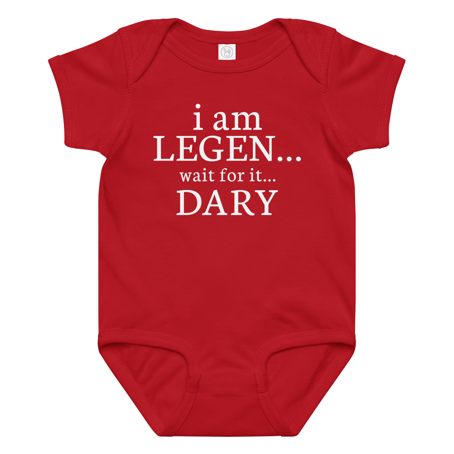 "I Am Legen... Wait For It... Dary" printed on a red baby jersey bodysuit laying on a flat surface amongst other clothes
