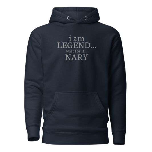 "I Am Legend... Wait For It... Nary" printed on a navy blazer on an invisible / simulated body