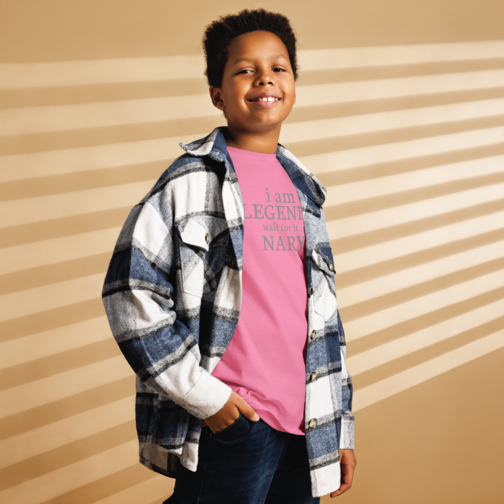 "I Am Legend... Wait For It... Nary" printed on a azalea youth classic tee worn by a male also wearing a jacket