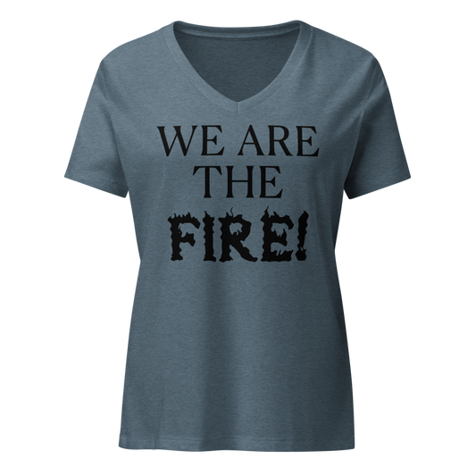 "We are the fire!" printed on a heather slate on an invisible / simulated body