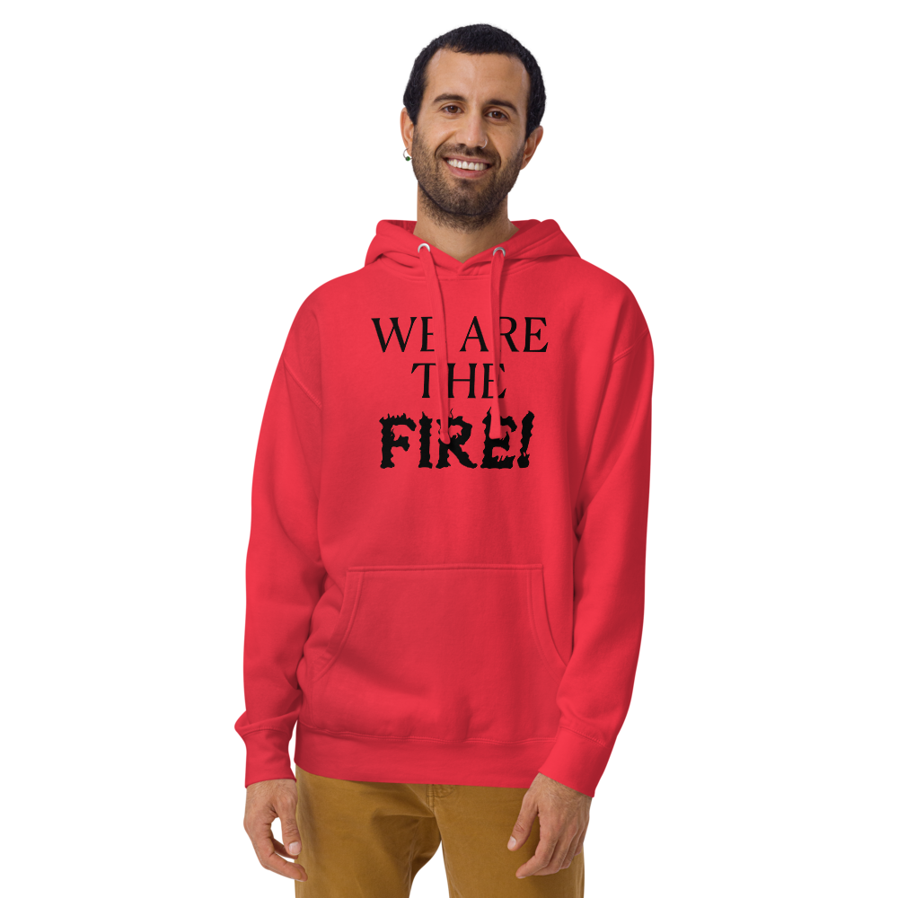 "We are the fire!" printed on a team red warn by a male
