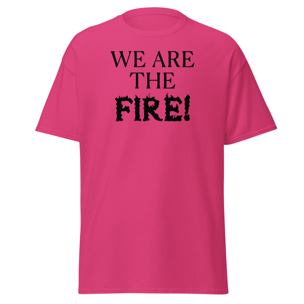 "We are the fire!" printed on a heliconia on an invisible body