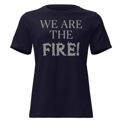 "We are the fire!" printed on a navy on an invisible / simulated body