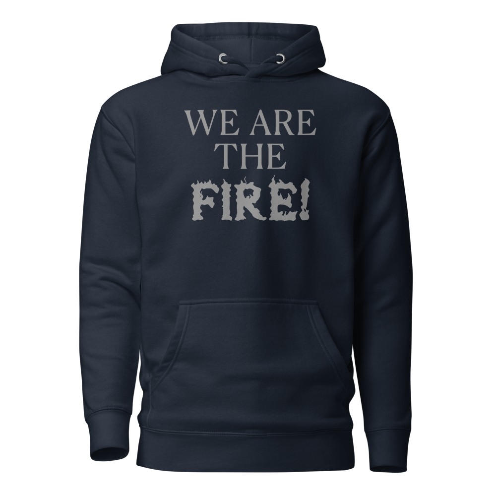 "We are the fire!" printed on a navy blazer on an invisible / simulated body