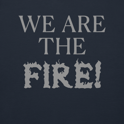 "We are the fire!" printed on a navy blazer background