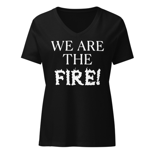 "We are the fire!" printed on a solid black blend on an invisible / simulated body