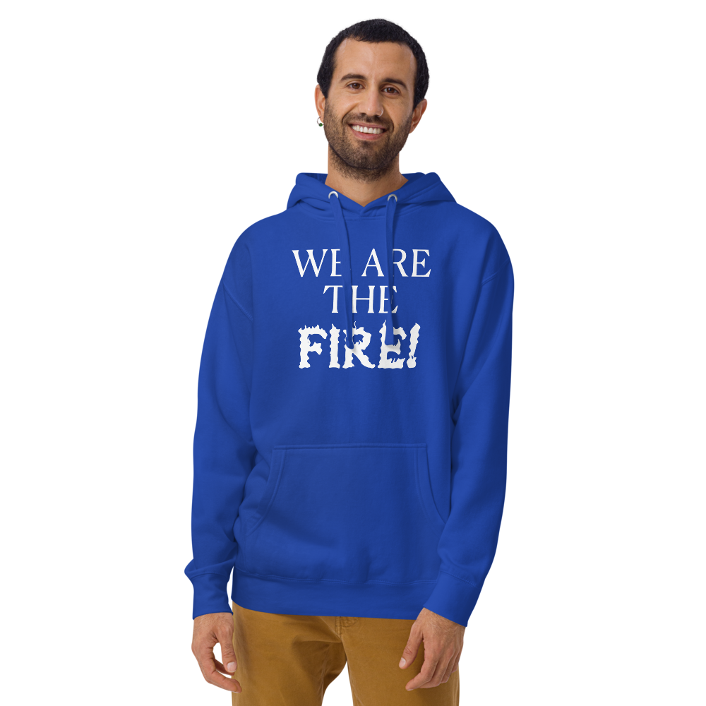 "We are the fire!" printed on a team royal warn by a male