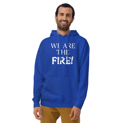 "We are the fire!" printed on a team royal warn by a male