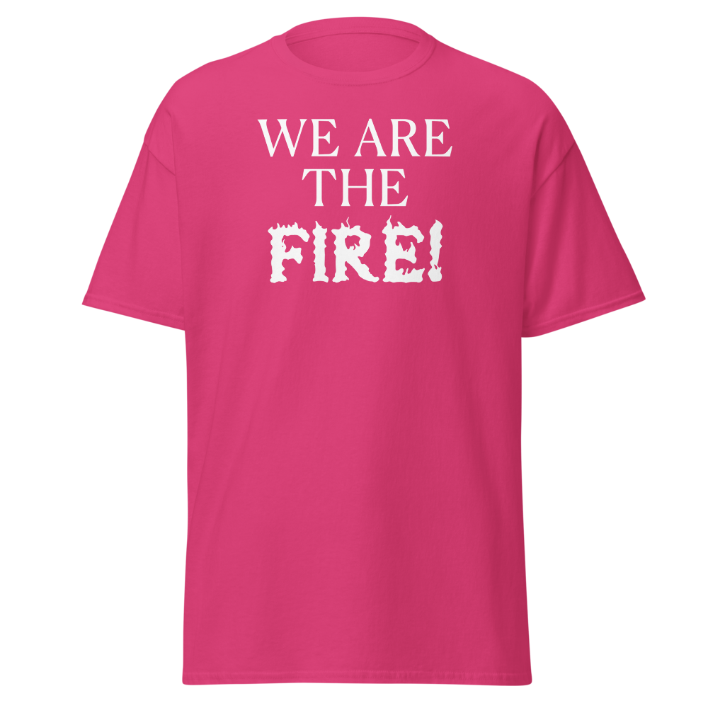 "We are the fire!" printed on a heliconia on an invisible body