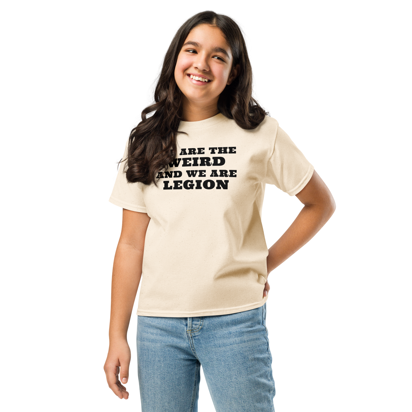 "We are the weird and we are legion" printed on a natural youth classic tee worn by a female