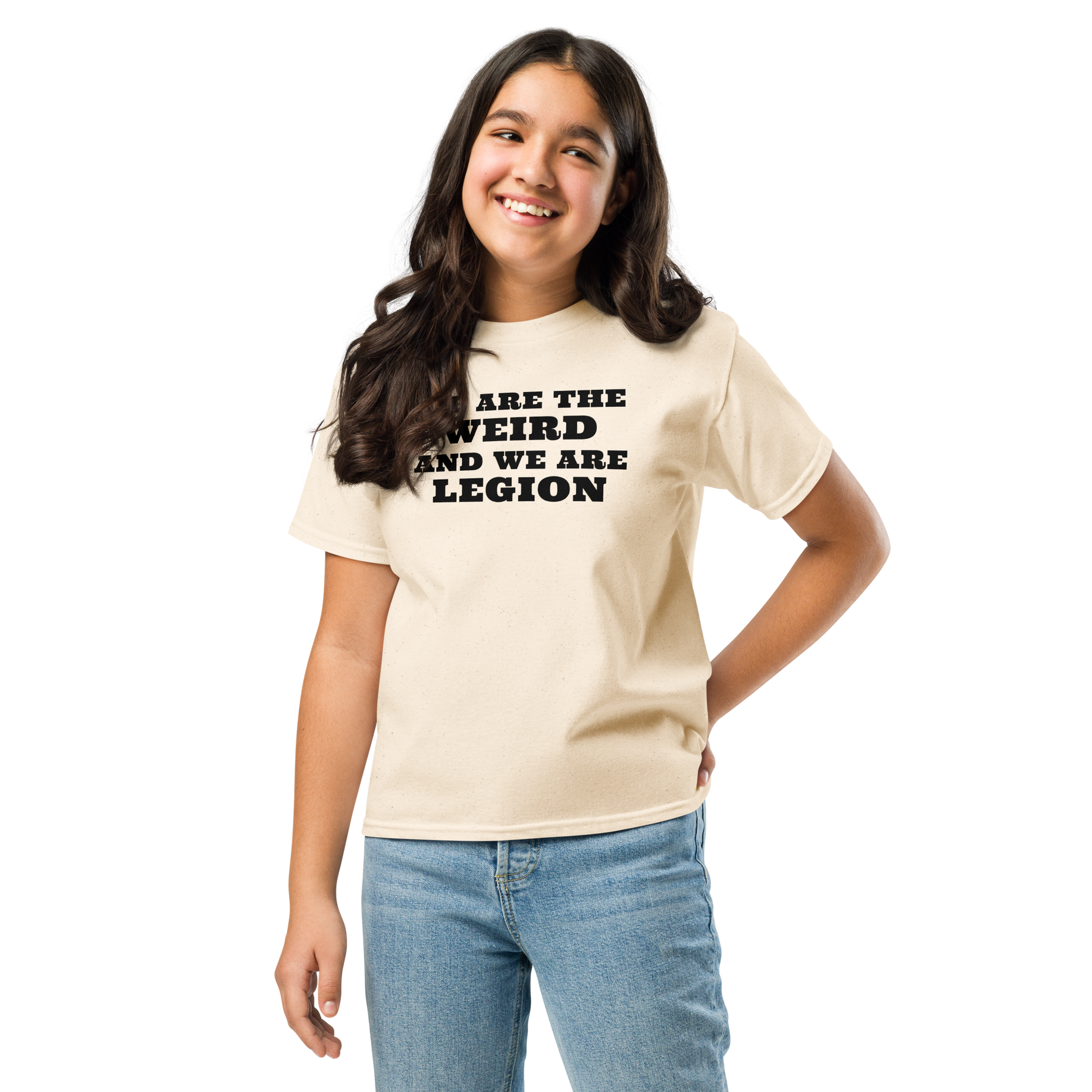 "We are the weird and we are legion" printed on a natural youth classic tee worn by a female