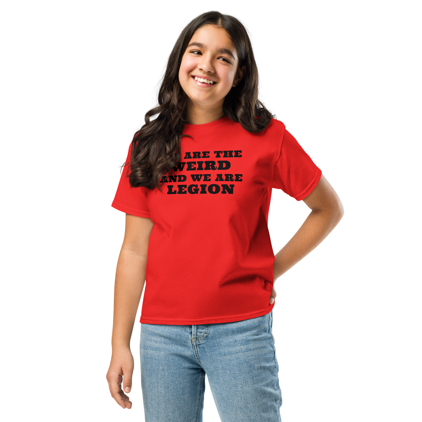 "We are the weird and we are legion" printed on a red youth classic tee worn by a female