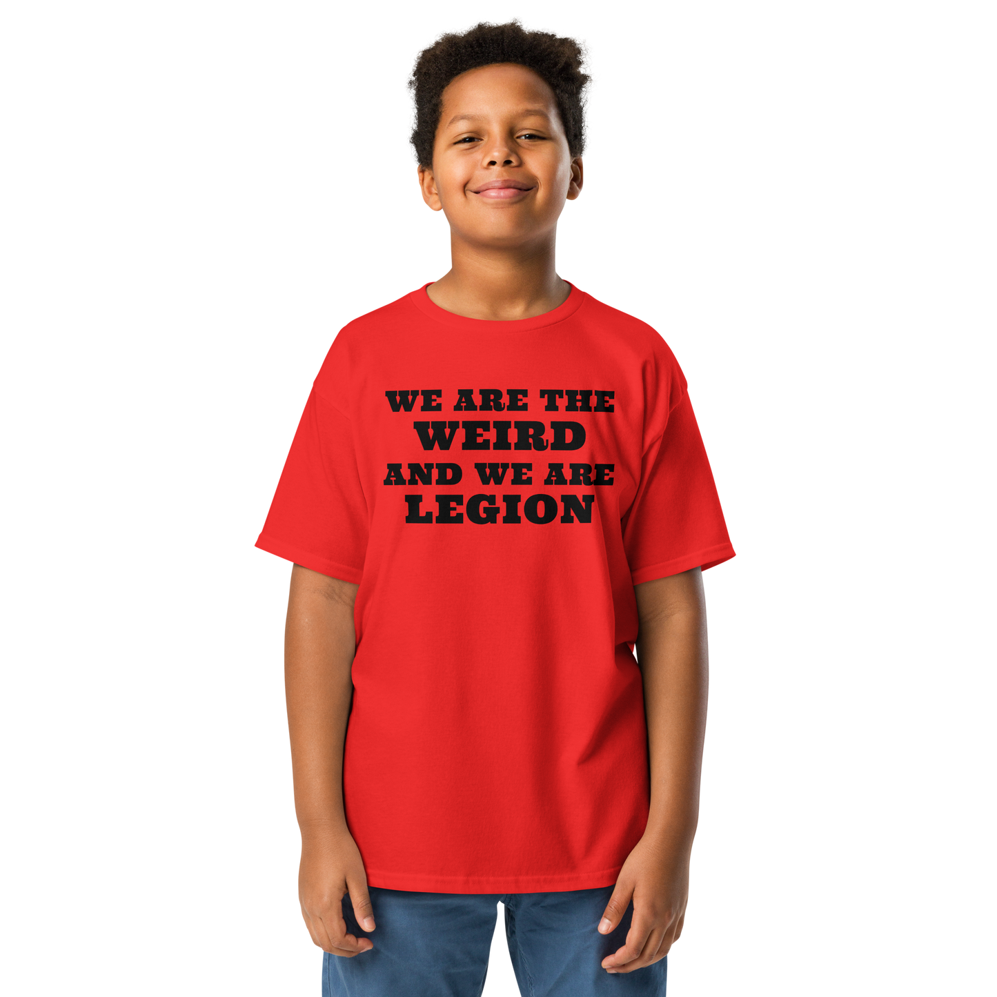 "We are the weird and we are legion" printed on a red youth classic tee worn by a male