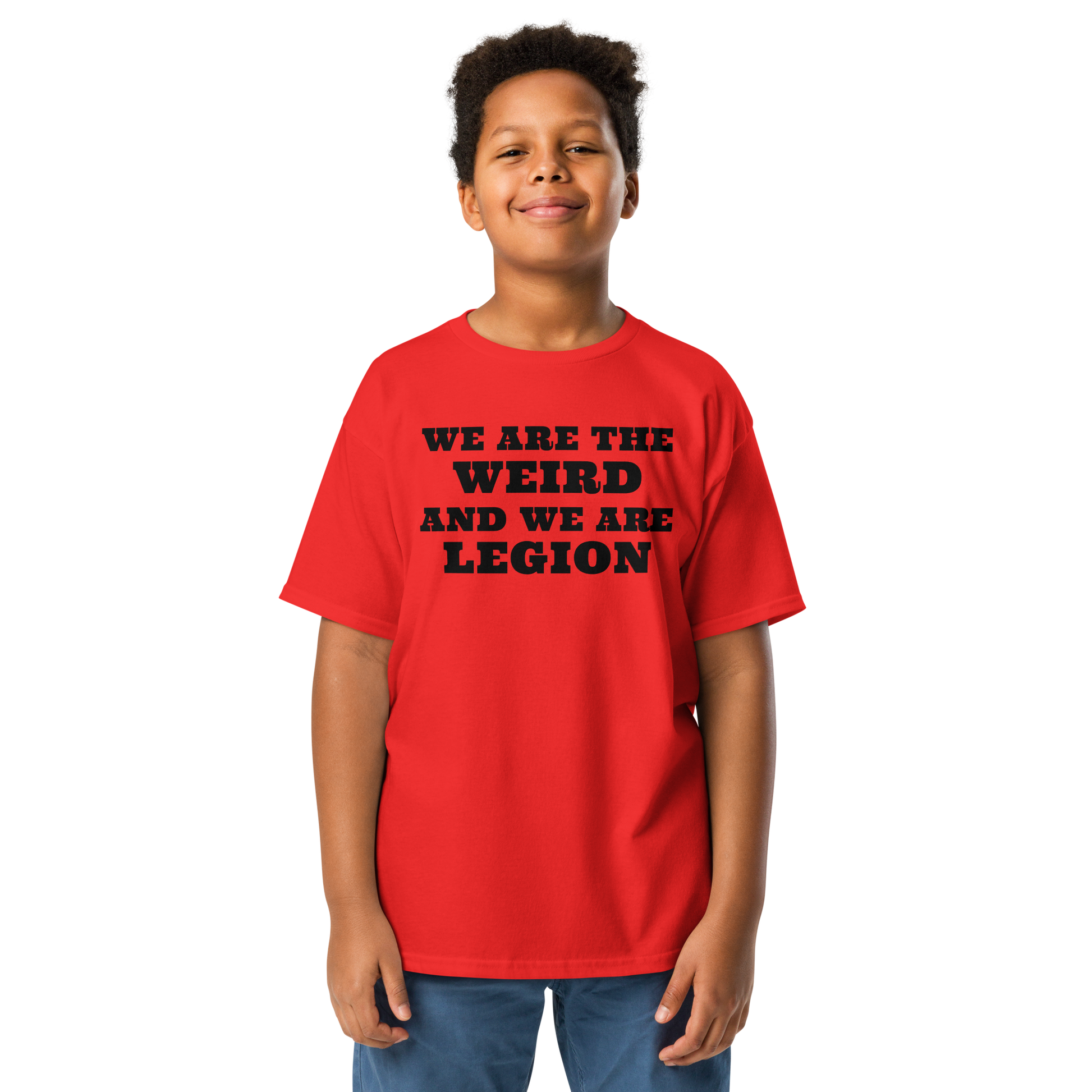 "We are the weird and we are legion" printed on a red youth classic tee worn by a male
