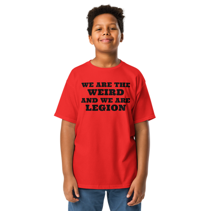 "We are the weird and we are legion" printed on a red youth classic tee worn by a male