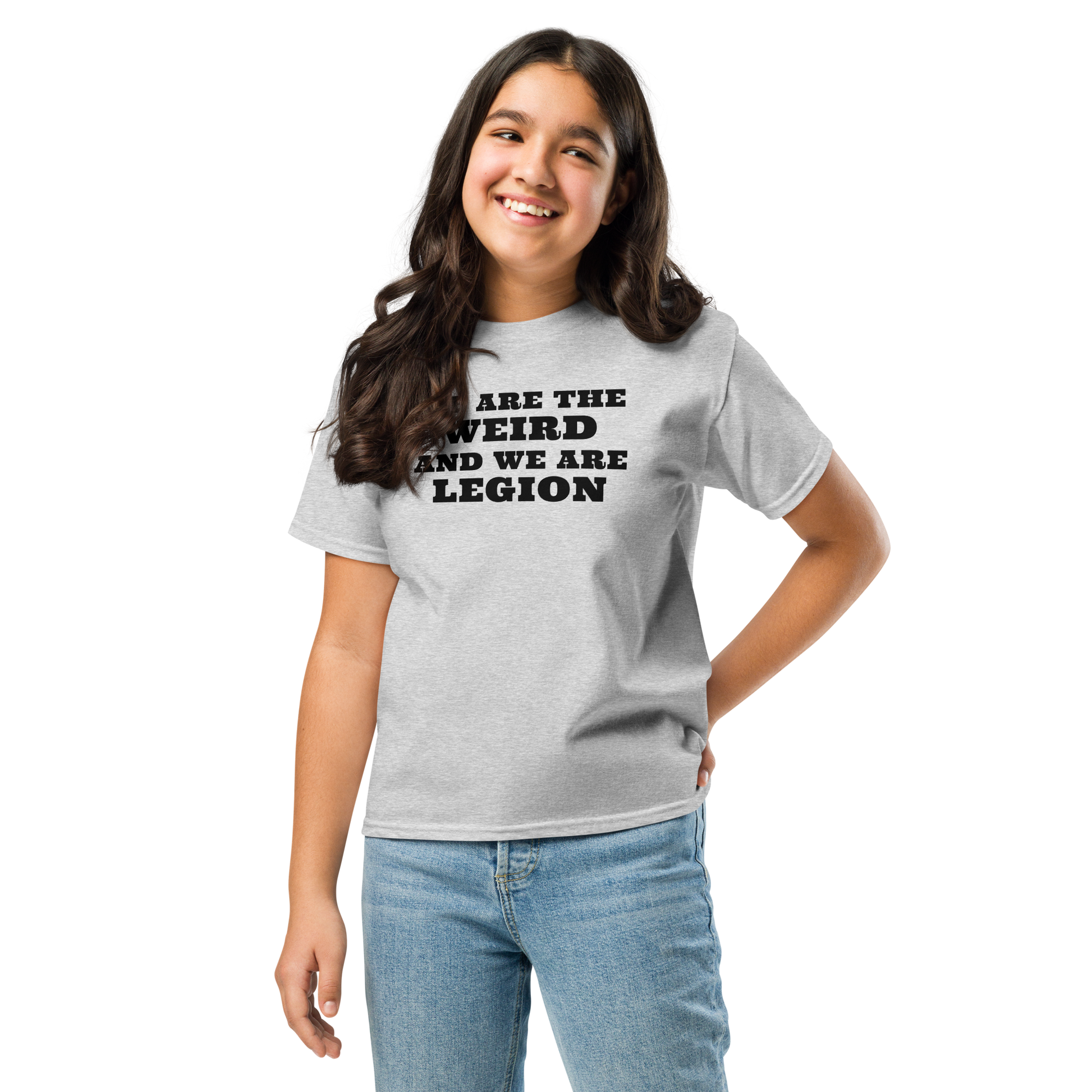 "We are the weird and we are legion" printed on a sport grey youth classic tee worn by a female