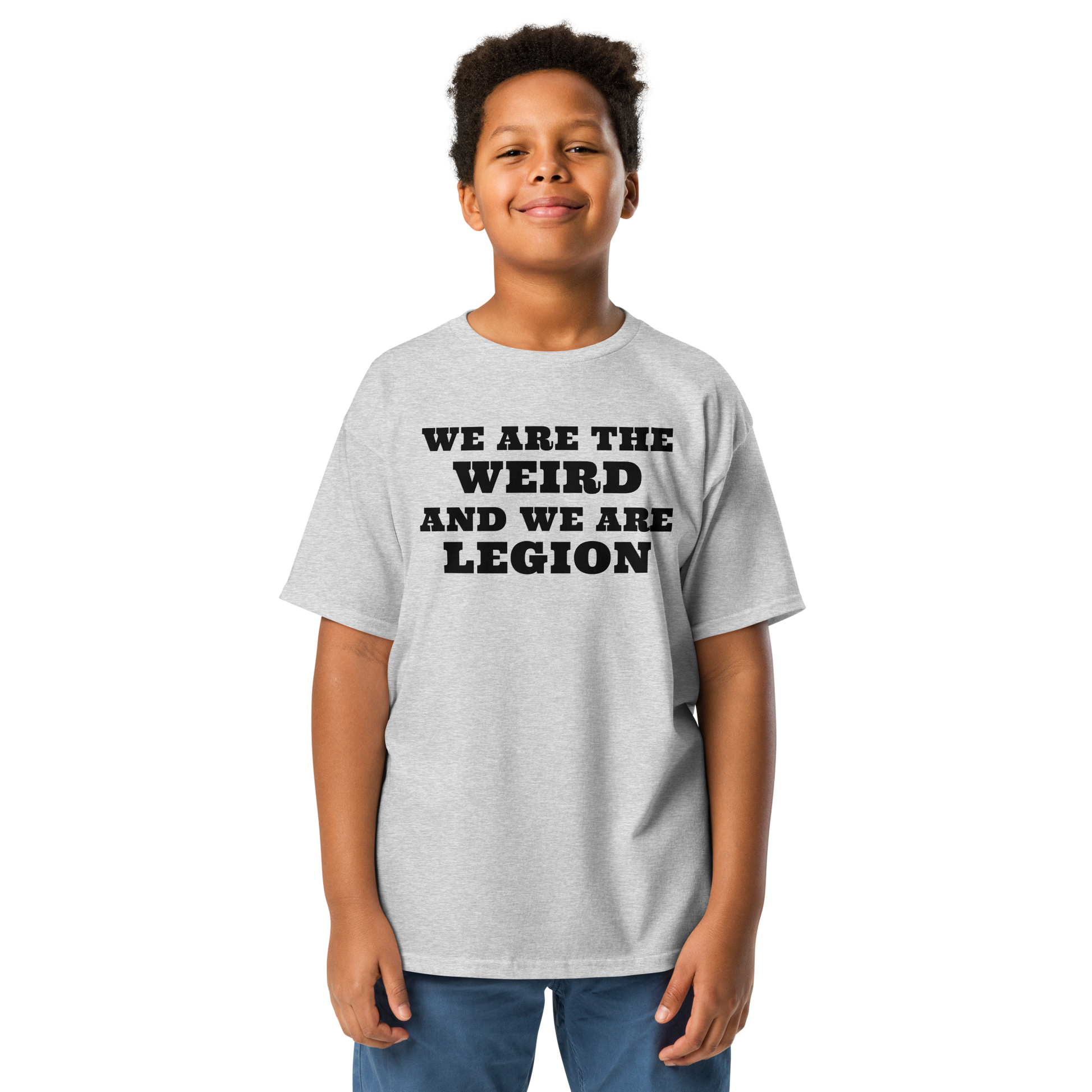 "We are the weird and we are legion" printed on a sport grey youth classic tee worn by a male