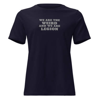 "We are the weird and we are legion" printed on a navy on an invisible / simulated body