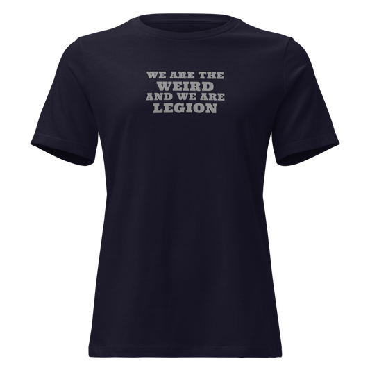 "We are the weird and we are legion" printed on a navy on an invisible / simulated body