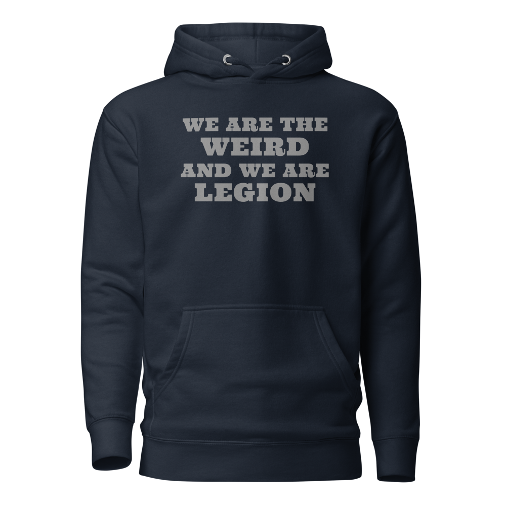 "We are the weird and we are legion" printed on a navy blazer on an invisible / simulated body