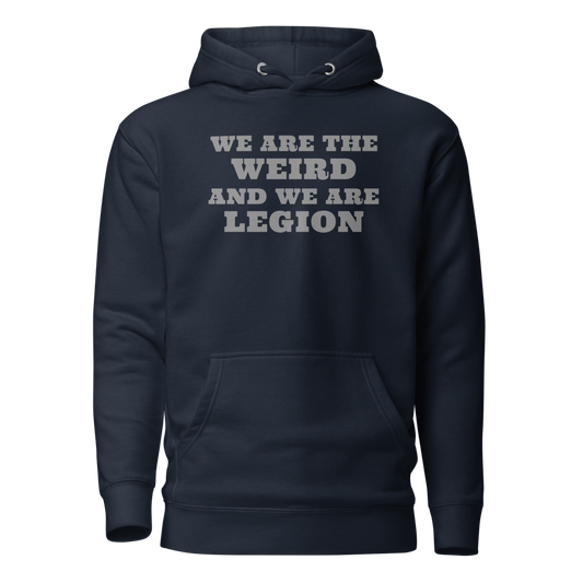 "We are the weird and we are legion" printed on a navy blazer on an invisible / simulated body