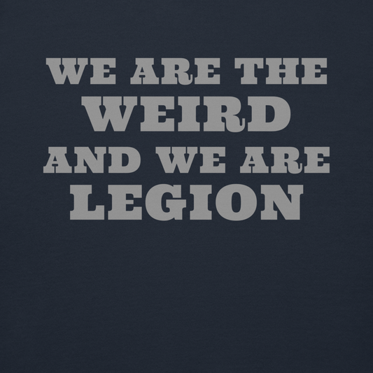 "We are the weird and we are legion" printed on a navy blazer background