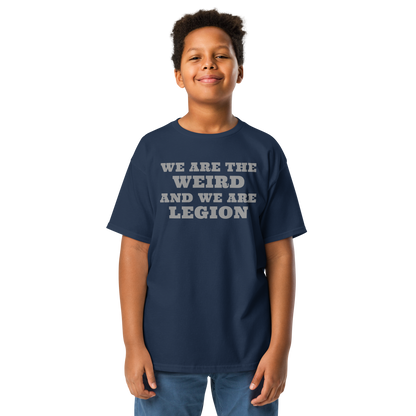 "We are the weird and we are legion" printed on a navy youth classic tee worn by a male