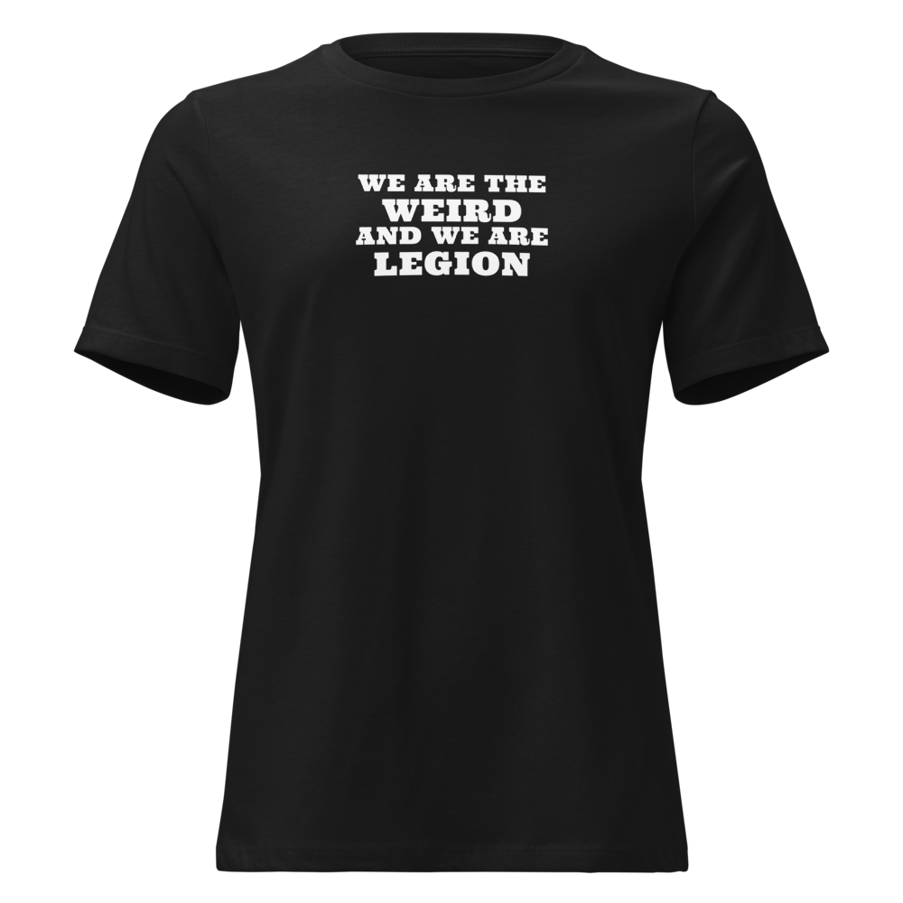 "We are the weird and we are legion" printed on a black on an invisible / simulated body