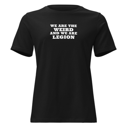 "We are the weird and we are legion" printed on a black on an invisible / simulated body