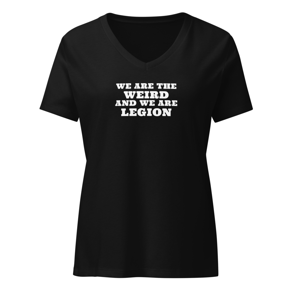 "We are the weird and we are legion" printed on a solid black blend on an invisible / simulated body