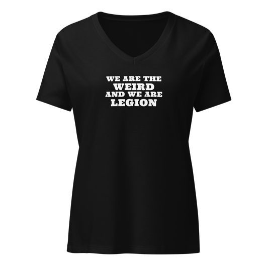 "We are the weird and we are legion" printed on a solid black blend on an invisible / simulated body