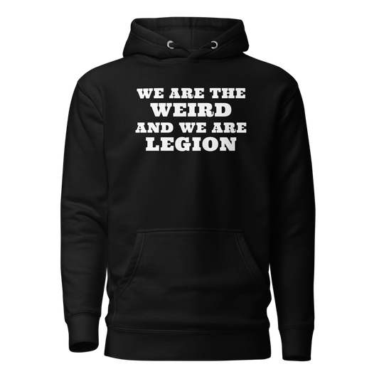 "We are the weird and we are legion" printed on a black on an invisible / simulated body