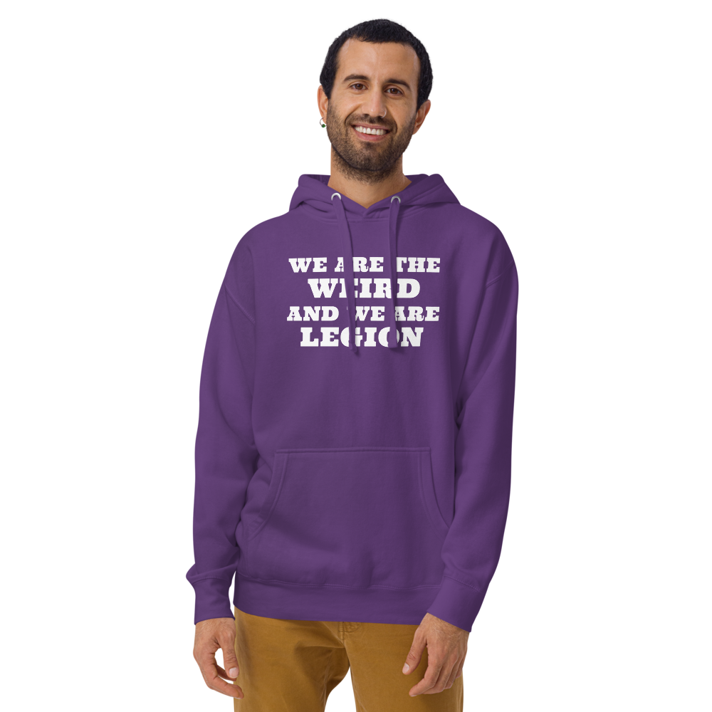 "We are the weird and we are legion" printed on a purple warn by a male