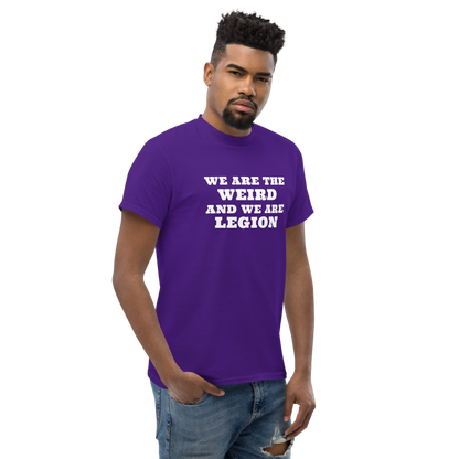 "We are the weird and we are legion" printed on a purple unisex classic tee worn by a male