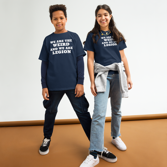 "We are the weird and we are legion" printed on a navy youth classic tee worn by a female and male