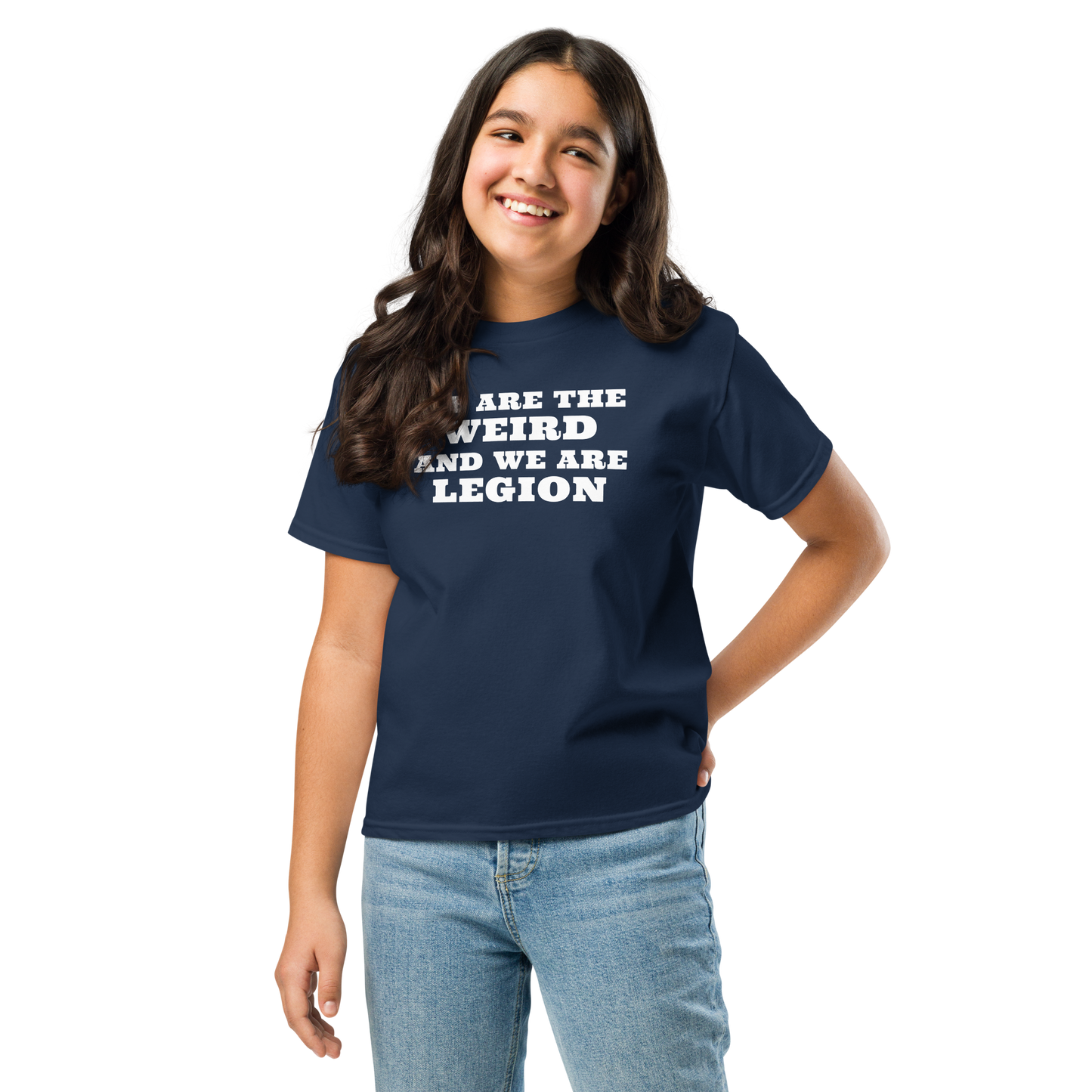 "We are the weird and we are legion" printed on a navy youth classic tee worn by a female