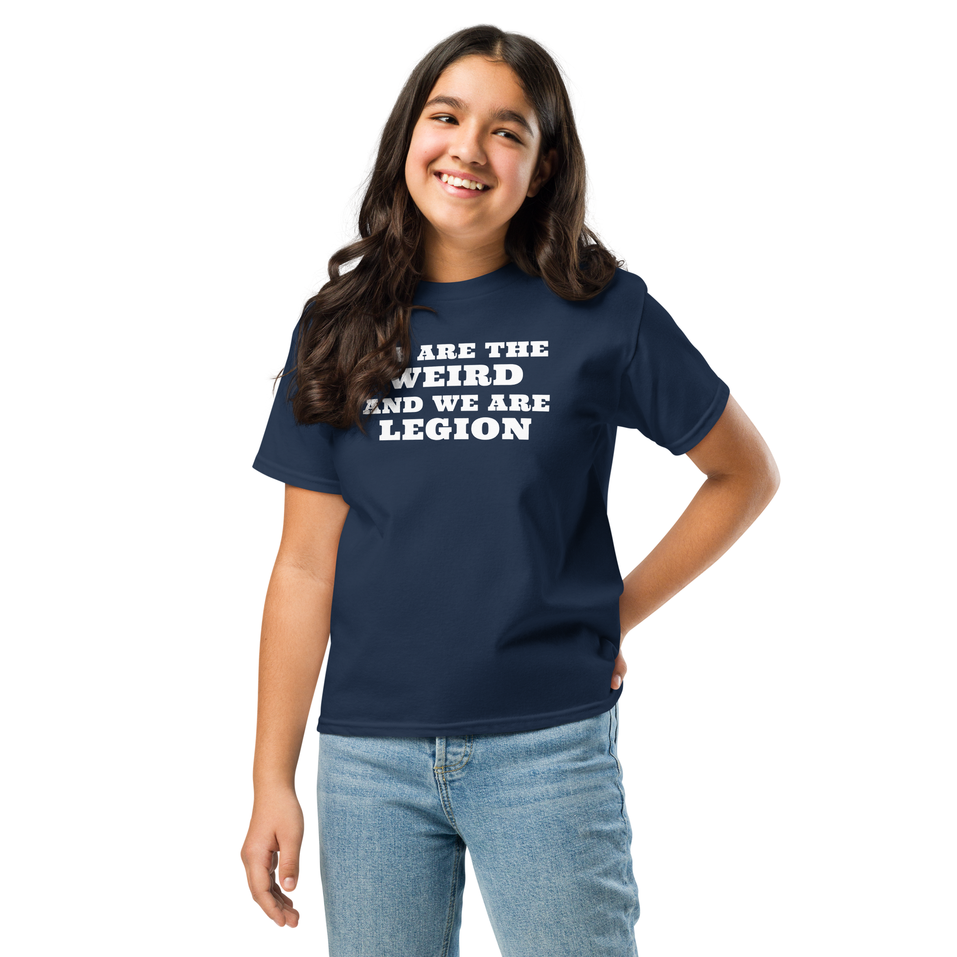 "We are the weird and we are legion" printed on a navy youth classic tee worn by a female