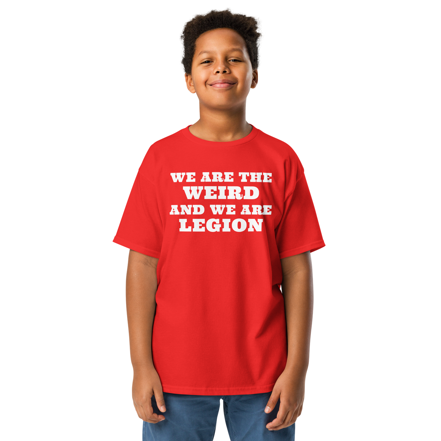"We are the weird and we are legion" printed on a red youth classic tee worn by a male