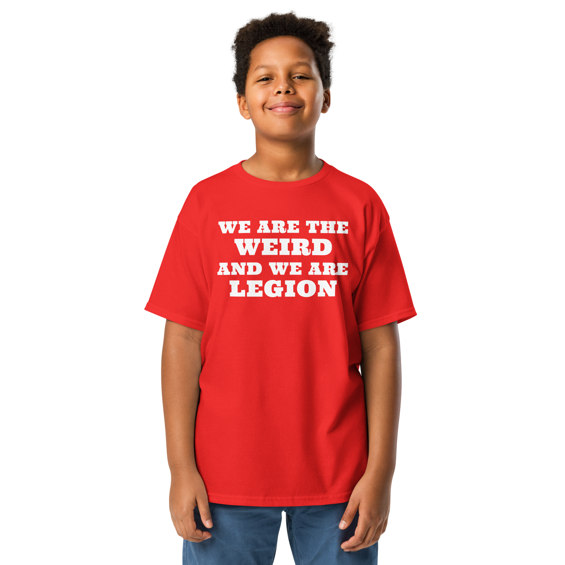 "We are the weird and we are legion" printed on a red youth classic tee worn by a male